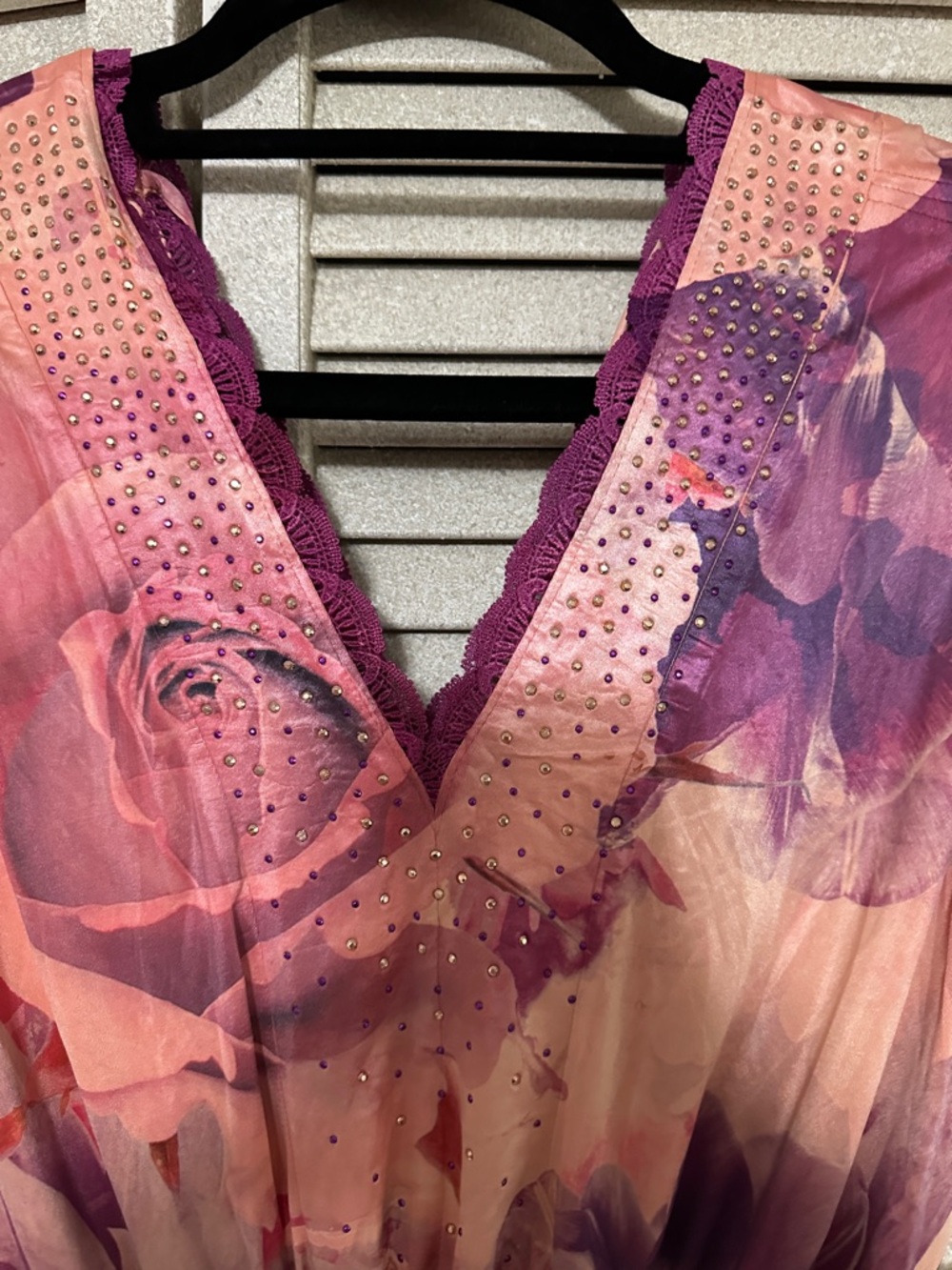 ONE WORLD Pink and Purple Floral Maxi Dress with Studded V-Neck - Picture 2 of 8